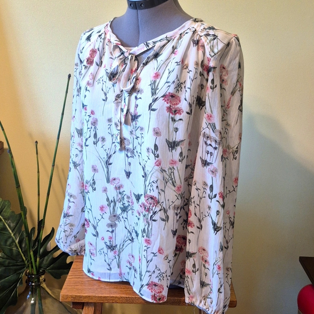 Rose + Olive Floral Long Sleeve Blouse | Cream Sheer Lined Top | Size Small - Picture 3 of 17